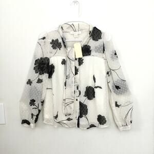 MONTEAU Floral Black and White Semi-Sheer Button Down Shirt Sz M